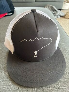 Men's Black and White Mesh Back Trucker Hat - Fishing Embroidered